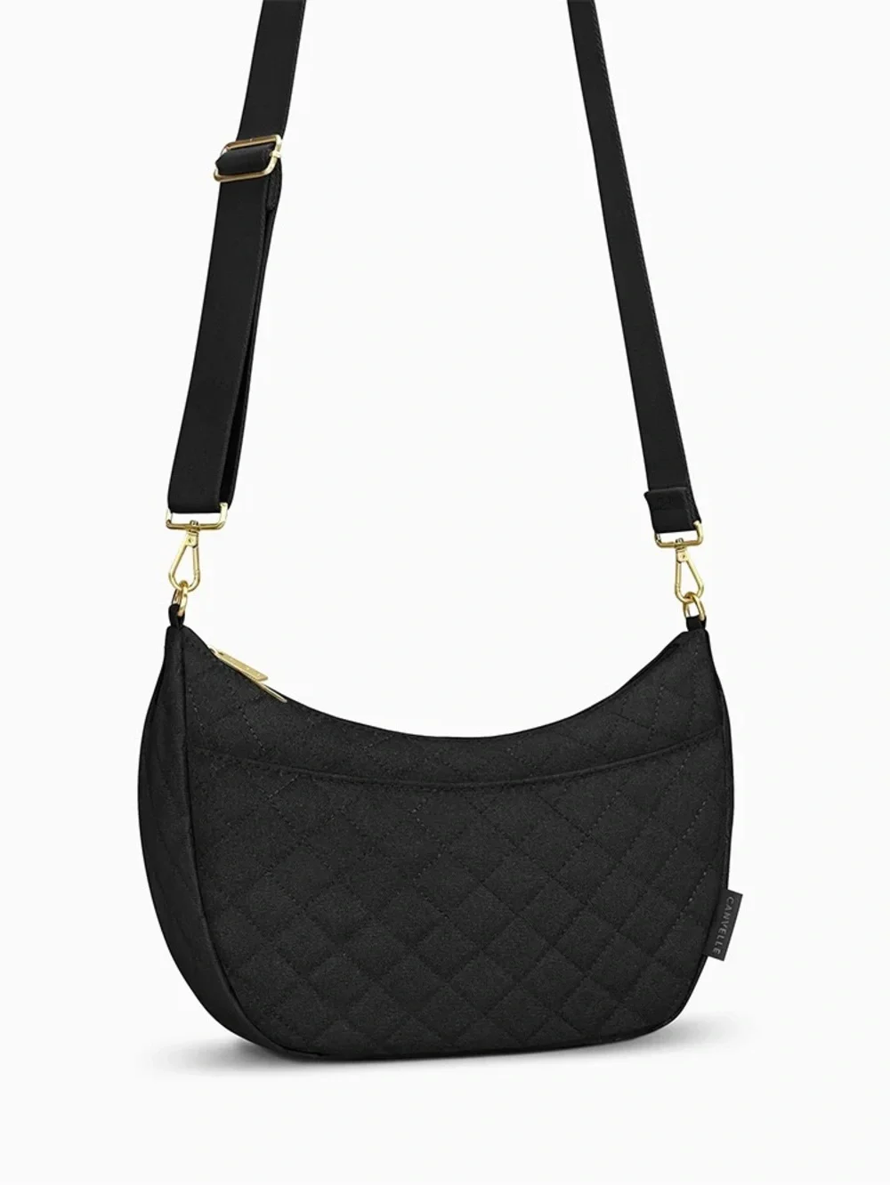 Canvelle Quilted Crescent Crossbody Bag in Black with Gold Hardware